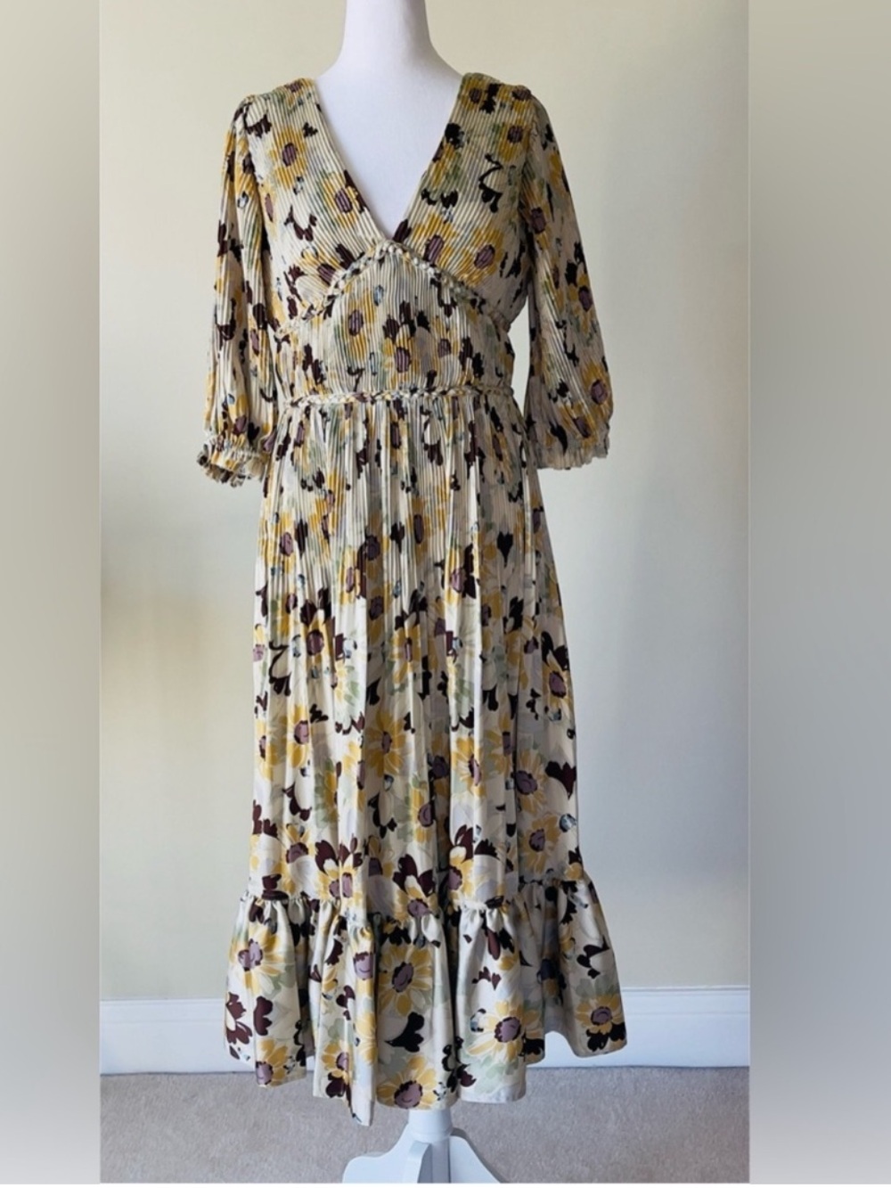 Polo Ralph Lauren Floral Pleated Satin V-Neck Elbow Length Sleeve Midi Dress
